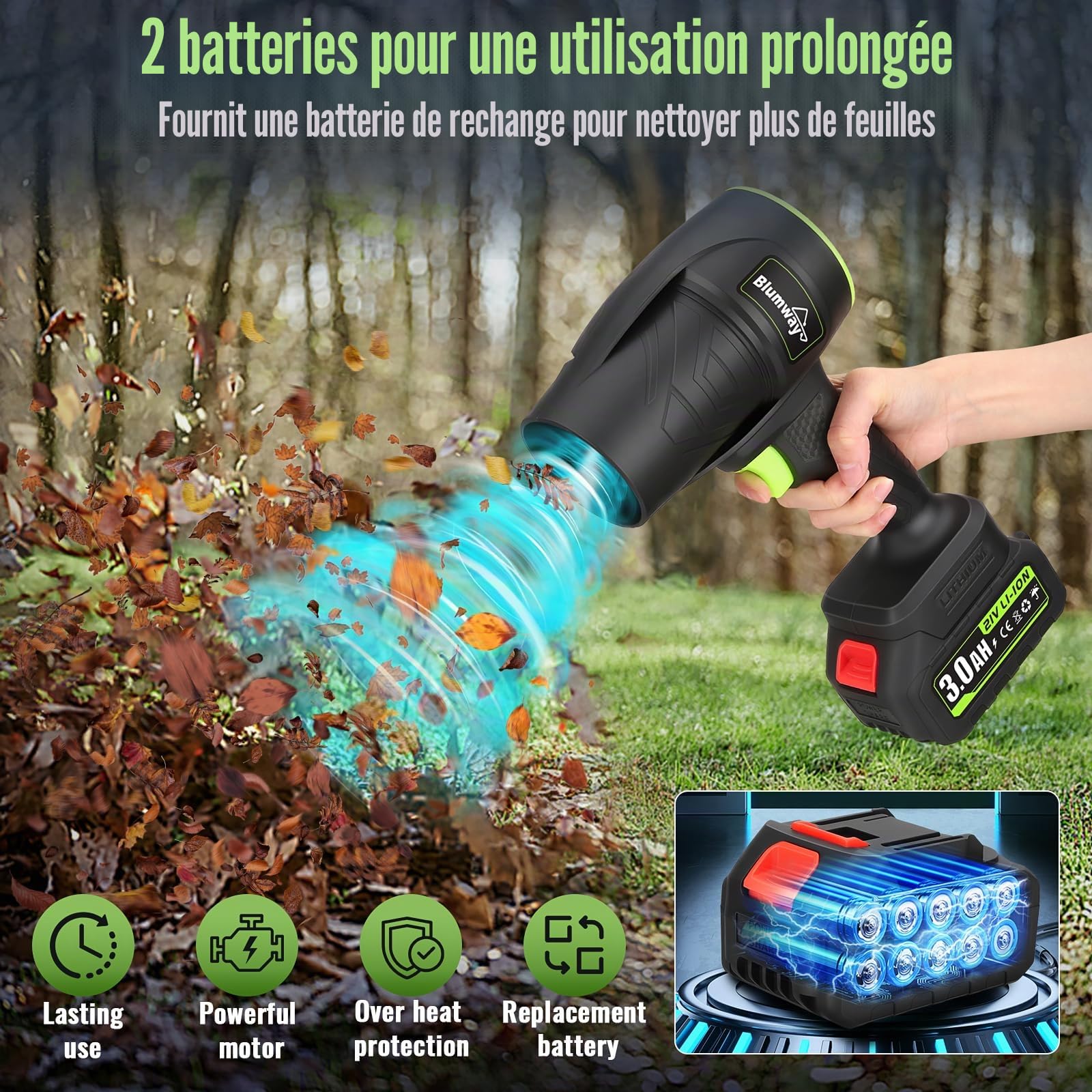 Blumway Souffleur à feuilles sans fil avec batterie, pour l'entretien de la pelouse, souffleur à main, 21 V, 2 pièces, souffleur électrique pour l'entretien de la cour/pelouse, dépoussiérage