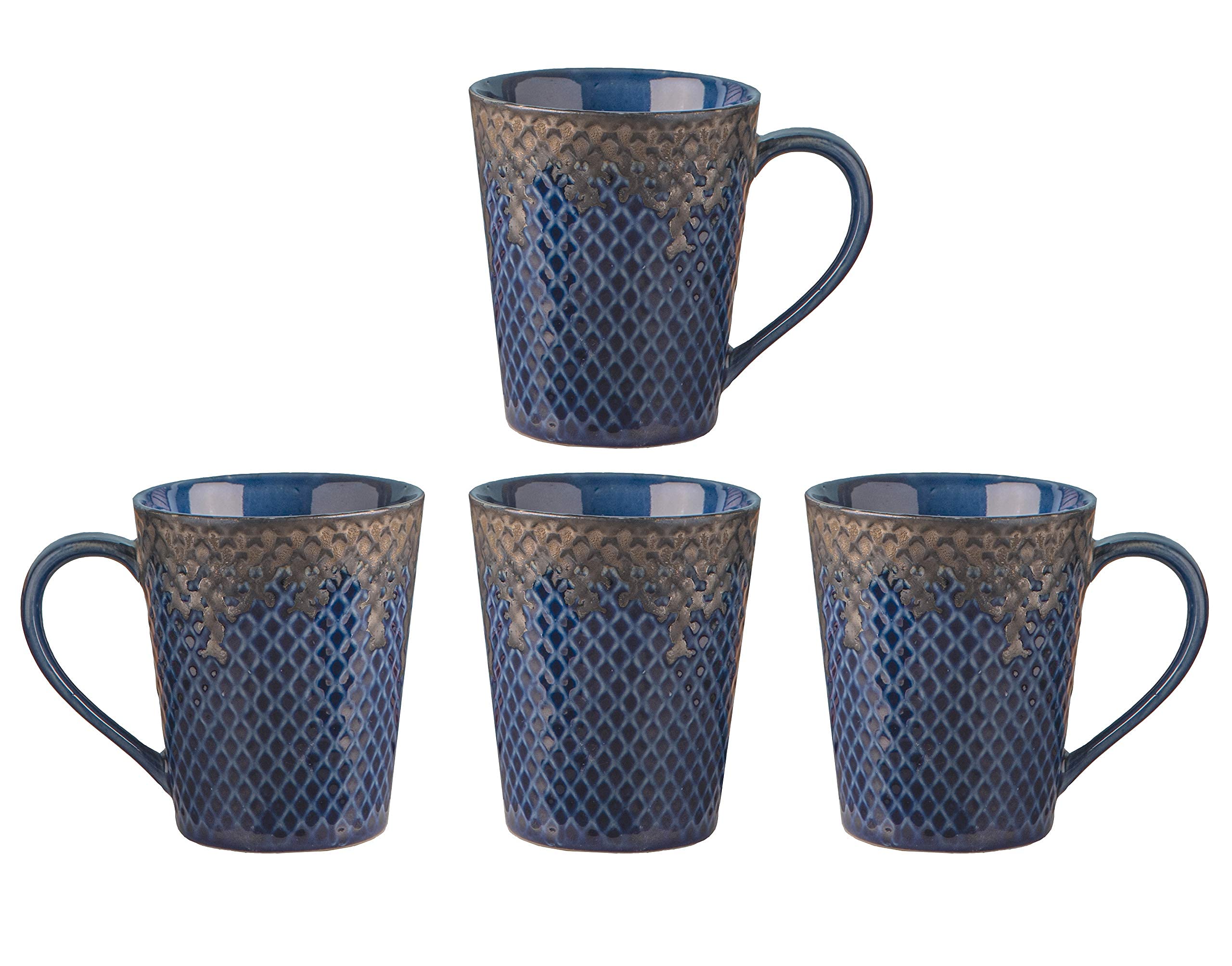 Ceramic Handcrafted Golden and Blue Dual Glazed Studio Pottery Tea / Coffee Mug Set of 4 ( 300 ML , Microwave & Dishwasher Safe)