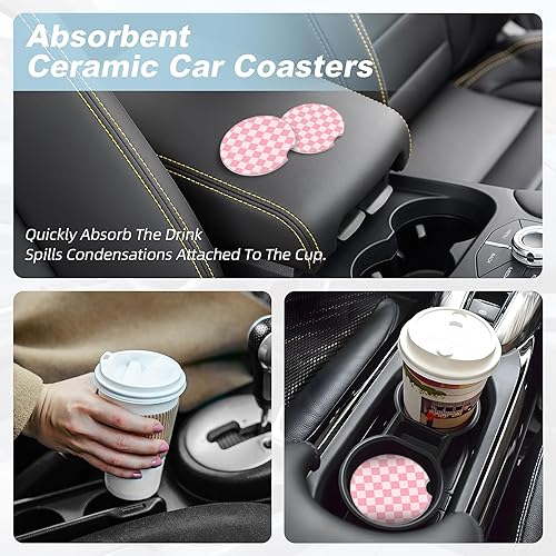 Miniatura 8 de Posavasos de automóvil a cuadros rosados para portavasos de automóvil, paquete de 2 posavasos de automóvil para automóvil, posavasos absorbentes de