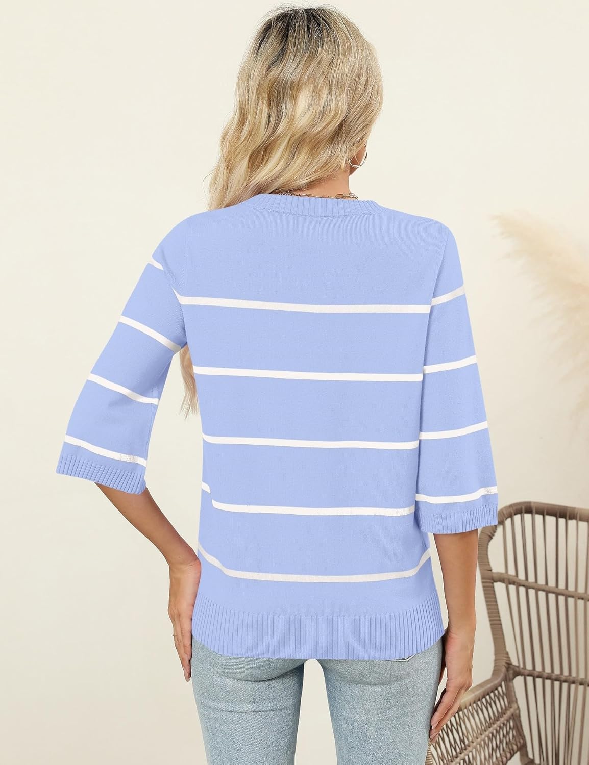 LOMON Womens Sweaters Casual Fall 2025 Crew Neck Striped 3/4 Sleeve Lightweight Knit Trendy Pullover Sweater Tops S-XL - Image 6