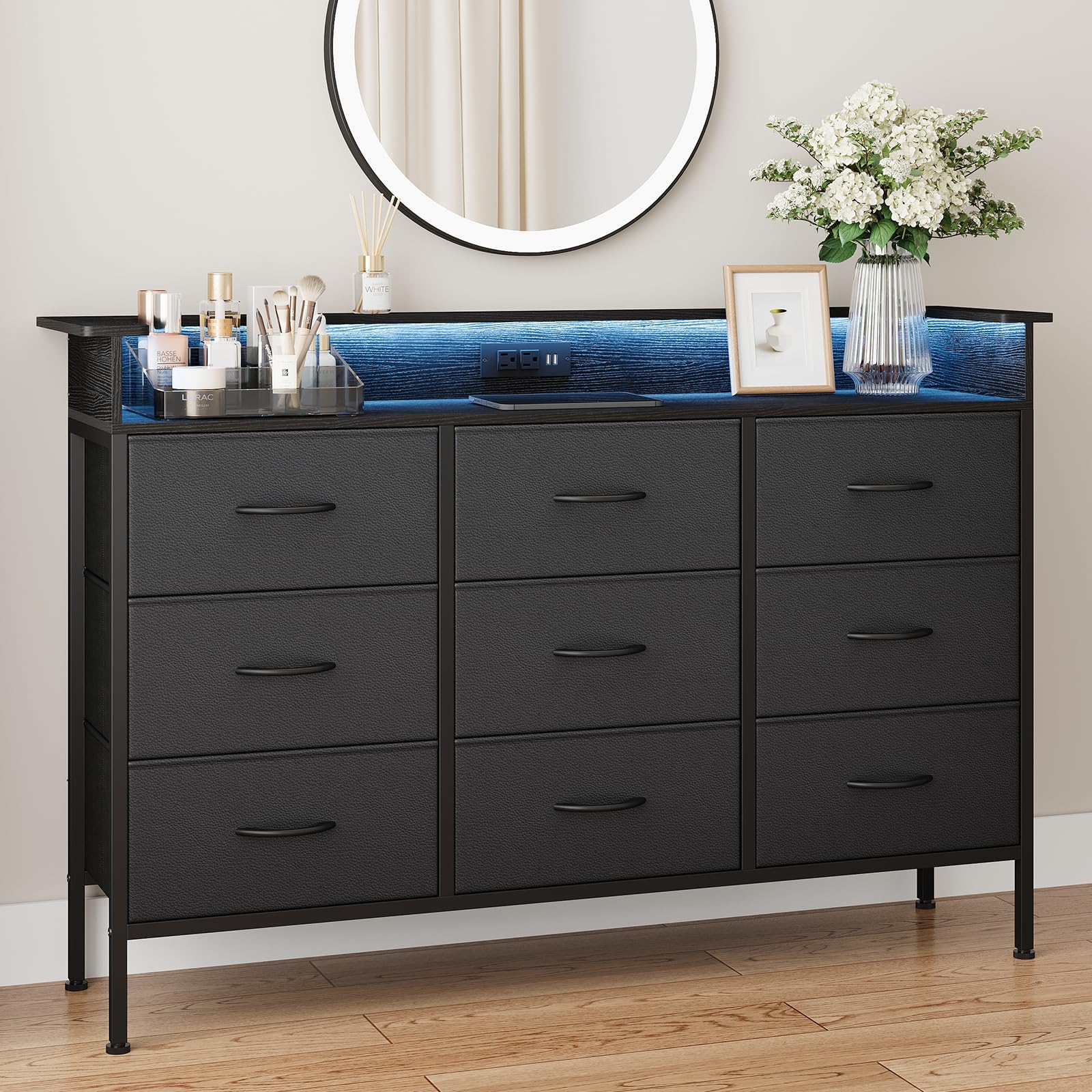 ELYKEN Black Dresser for Bedroom with LED Light & Charging Station, 9 PU Finish Fabric Drawers Dressers & Chest of Drawer with USB Outlet for for Entryway Closet Living Room Hallway(incomplete)