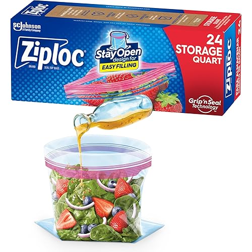 Ziploc Quart Food Storage Bags, Stay Open Design with Stand-Up Bottom, Easy to Fill, 24 Count