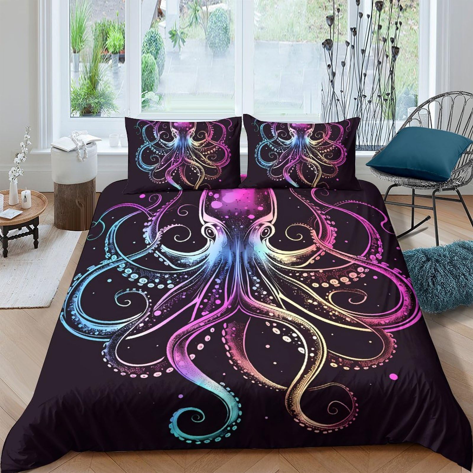 GPLZQXKJNH 3D Printed Colorful Octopus Duvet Cover Microfiber Soft Breathable Ocean Tentacle Bedding Set with 2 Pillowcases for Bedroom Decor Single（135x200cm）