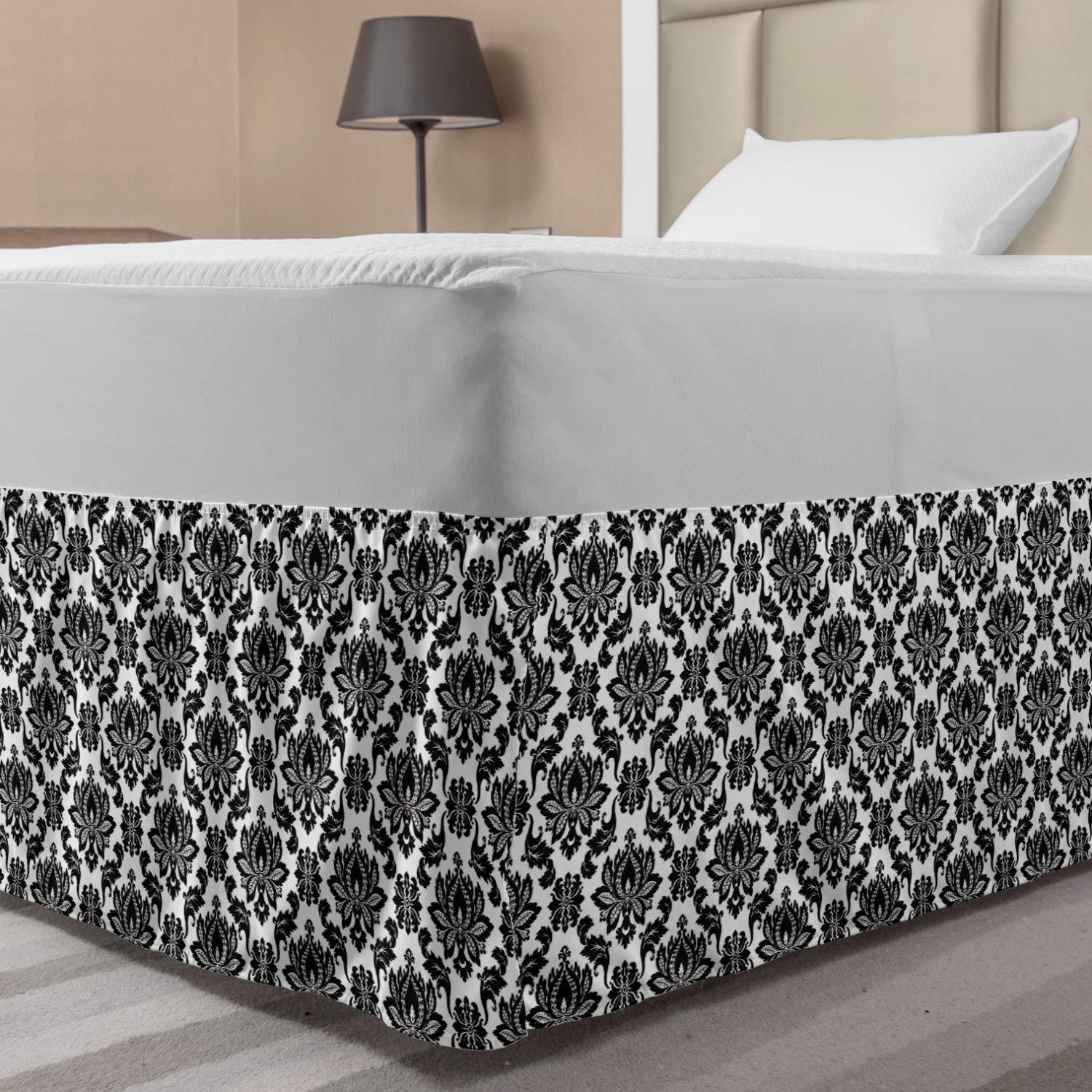 Lunarable Victorian Bedskirt Floral Damask Pattern Monochrome Illustration Baroque Art Design Ornate Motif Bedroom Decor Wrap Around Elastic