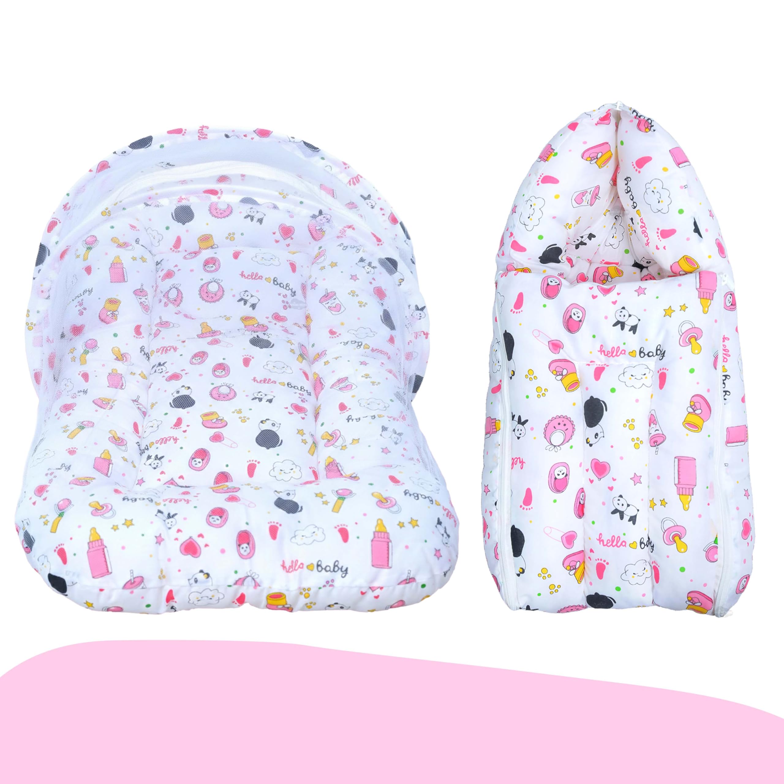 Infans Mini Baby Bedding Set for New Born Baby Sleeping Bag, Mosquito Net Bed Suitable Upto 6 Months Babies (Panda Pink)-image-16