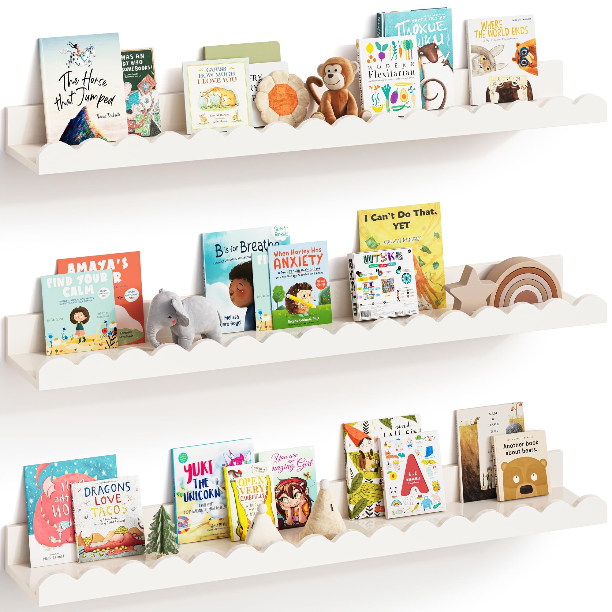 G&W Gruwald Nursery Book Shelves, Set of 3, Nursery Decor for Baby and Toddler, Scalloped Shelves, Book Shelf for Kids Rooms, Wall Book Shelf for Bedroom Kids (White, 36 Inches)