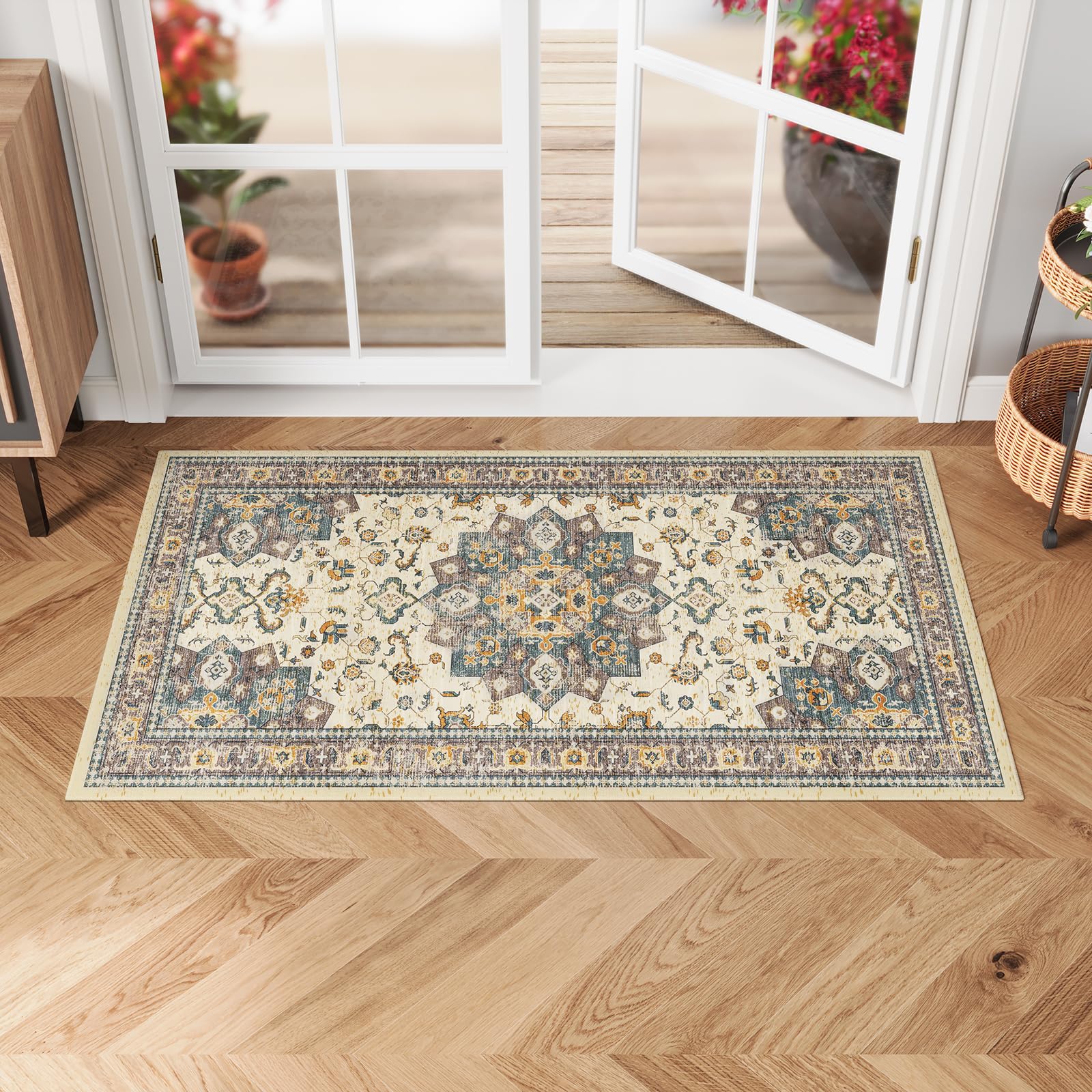 Dripex Vintage Washable Area Rug - 2x4 Indoor Door Mat Oriental Medallion Accent Throw Rug Distressed Foldable Non-Slip Low-Pile Bathroom Kitchen Rug for Entryway Laundry Room Living Room Bedroom