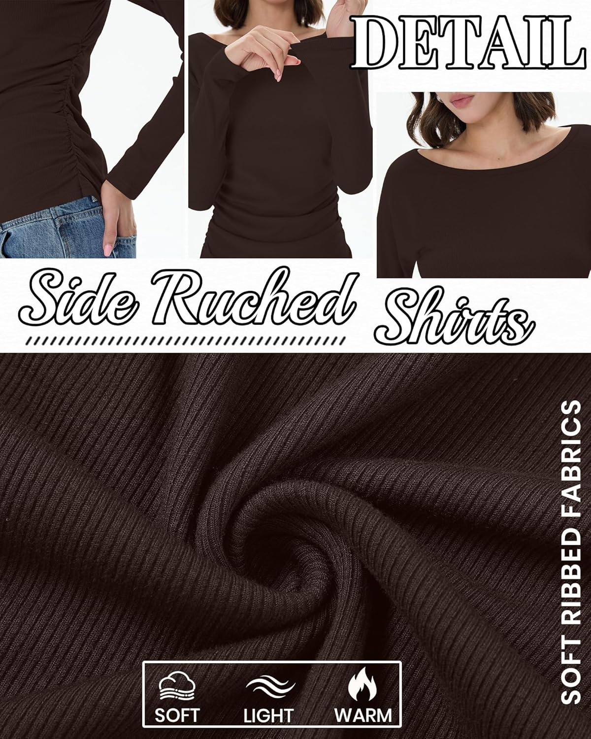 3 Pack Women's Long Sleeve Tops Ribbed Cotton Boat Neck Fitted T Shirts Basic Casual Ruched Tees - Image 5