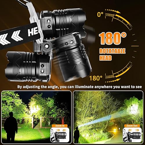 Miniatura 5 de Foleto 180 Adjustable LED Headlamp, 150000 Lumens, USB Rechargeable, Zoomable, Waterproof, Long Range, 9 Modes, IPX7, 2 USB Output, Non-Slip Grip,