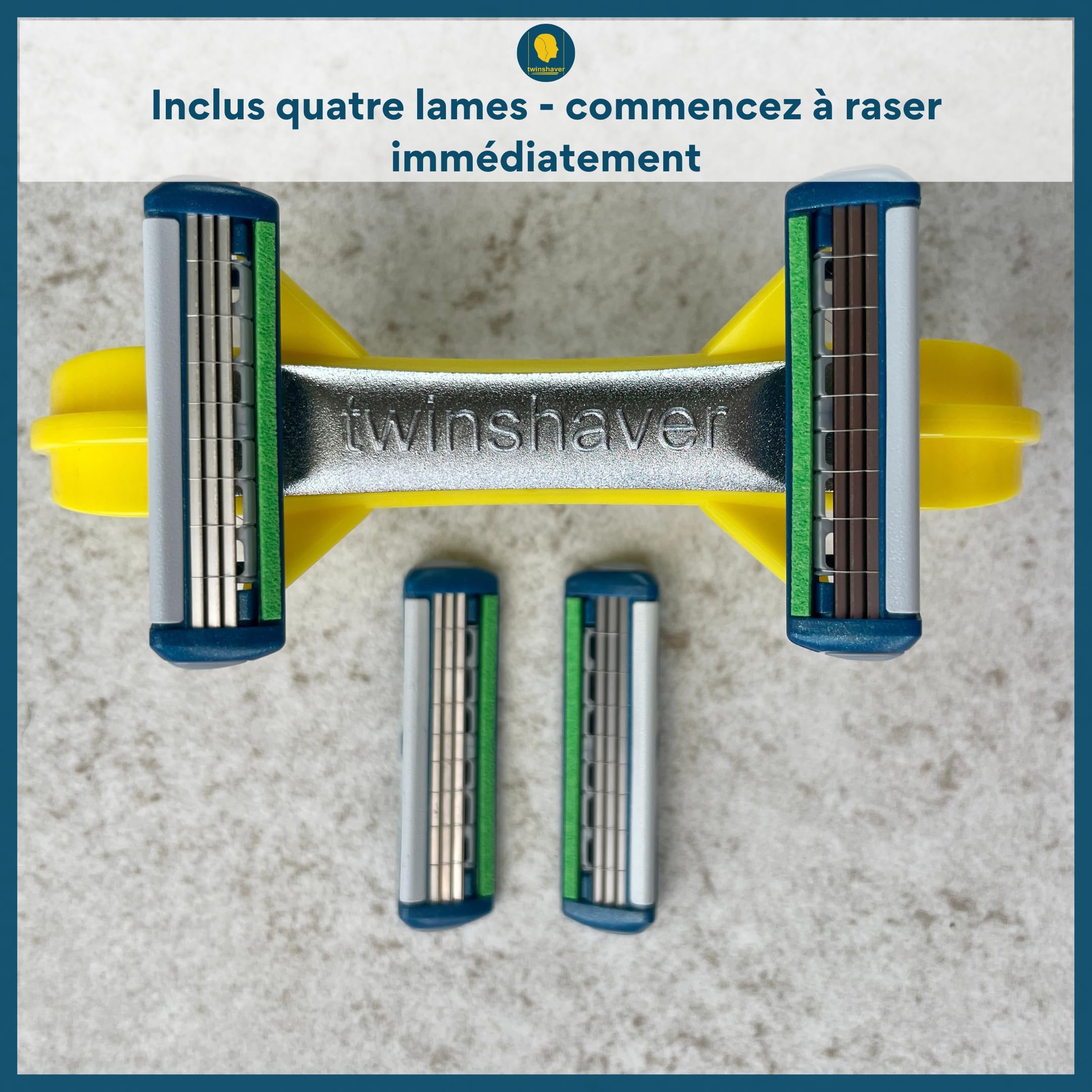 twinshaver rasoir pour crâne chauve + 4 lames de rechange, protection contre les coupures et 80% de gain de temps, corps & tête, rasoir sur zone humide (0mm) pour hommes et femmes (jaune)