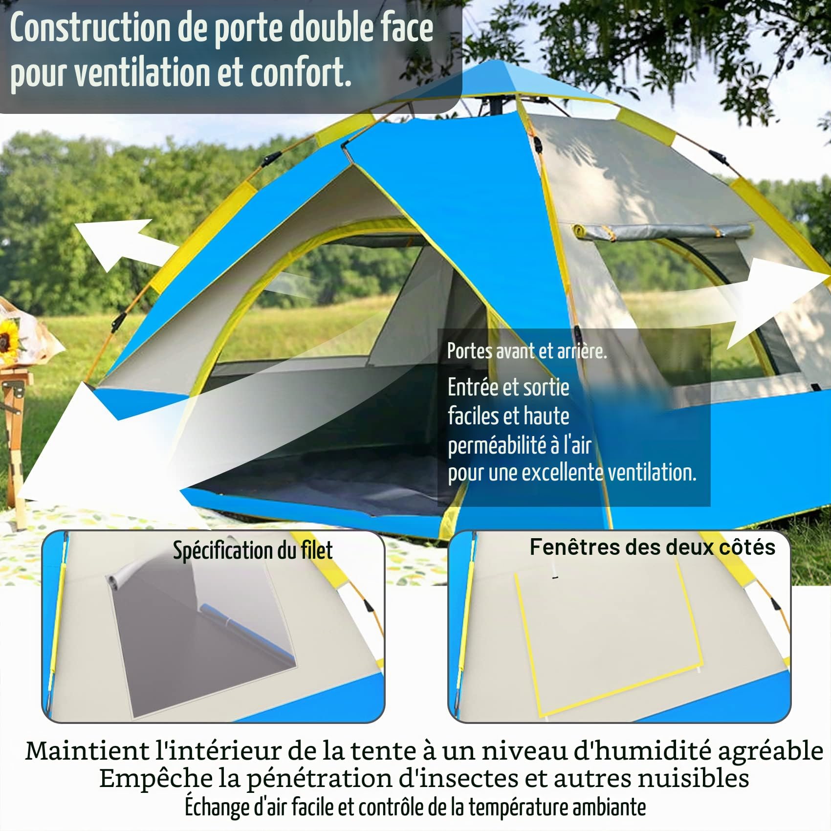 Tente de camping automatique et légère pour 3 à 4 personnes, imperméable, coupe-vent, protection UV, parfaite pour la plage, l'extérieur, les voyages, la randonnée, le camping, la chasse, la pêche, etc