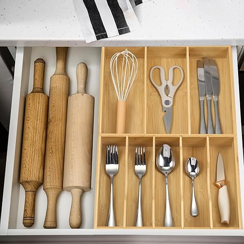 Miniatura 5 de Fabsome Organizador de cubiertos para cajones de cocina, bandeja de cubiertos de madera de bambú de 2.5 pulgadas de profundidad y 12.8 pulgadas de