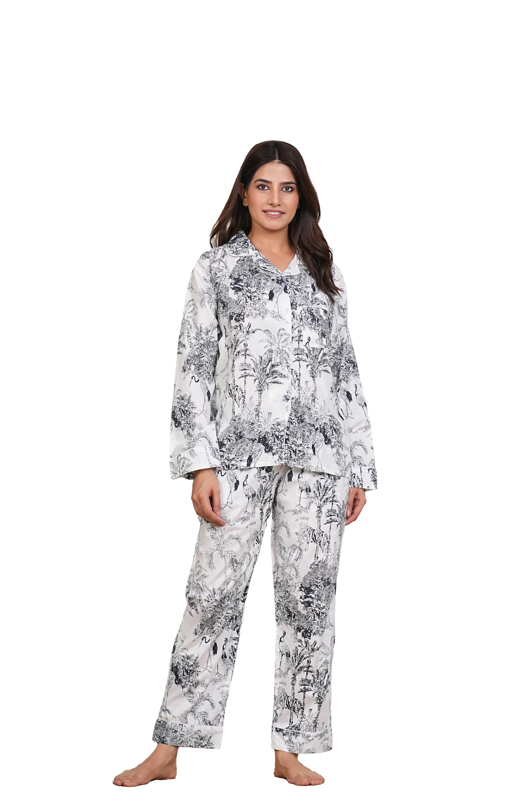 the bhagwati fab Women’s Cotton Night Suit Set – Full Sleeve Shirt & Pajama | Soft Printed Loungewear Sleepwear Set for Women | Pure Cotton Comfortable Night Dress (with Pouch) White and Black-picture-18
