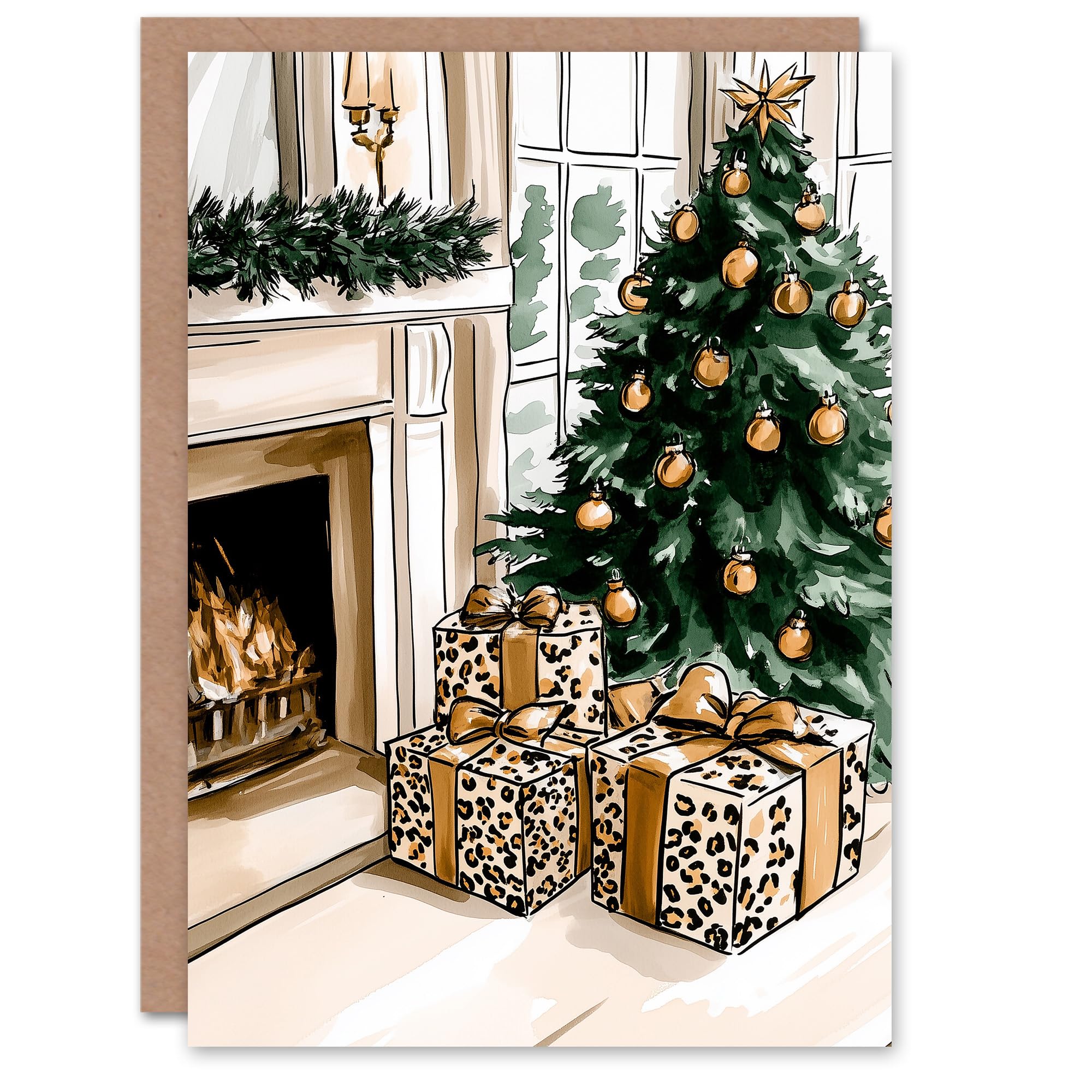 Wee Blue Coo Greeting Card Leopard Print Wrapped Presents Fireplace Tree For Her Woman Xmas Christmas Card