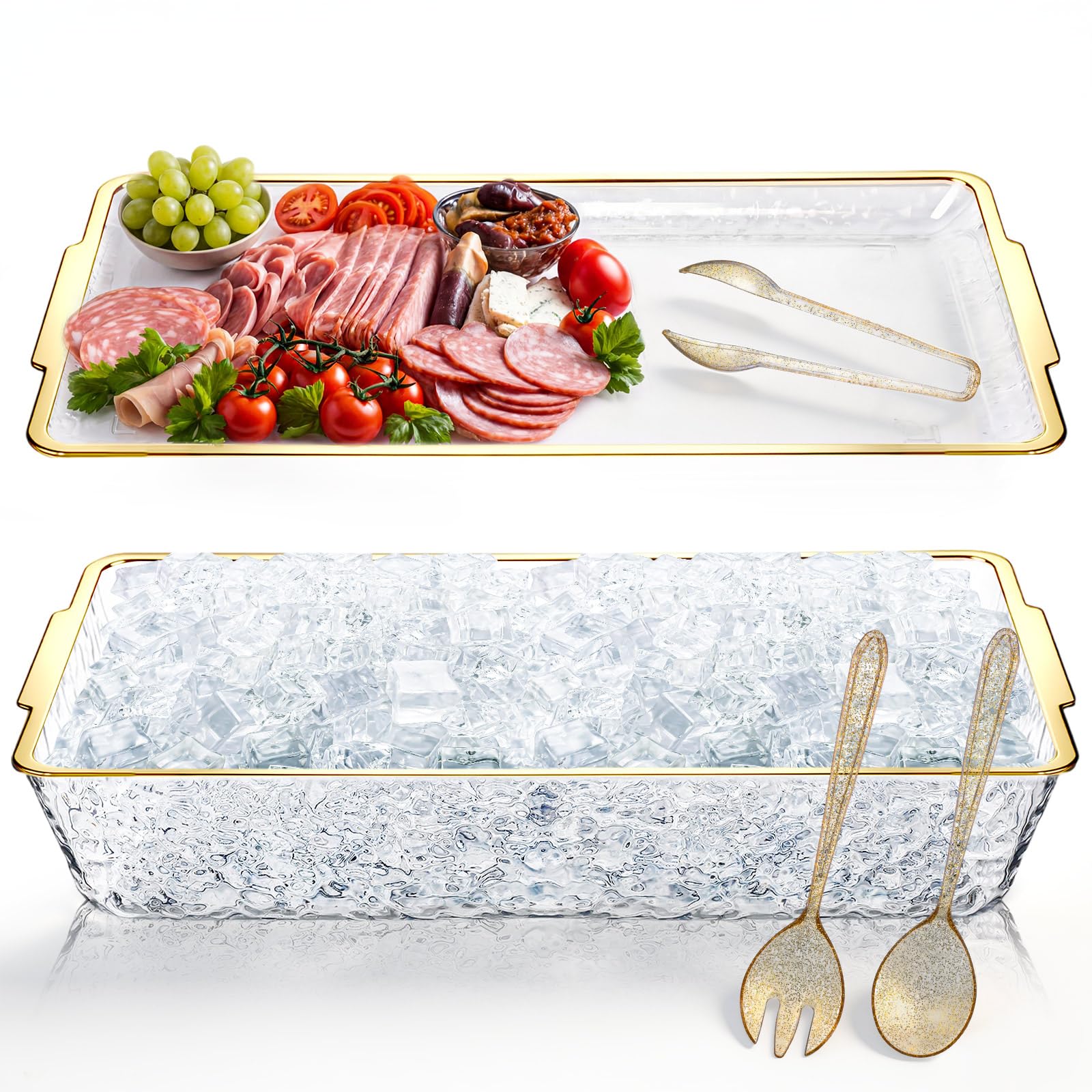Photo 1 of Baderke 1 Set 16" x 9" Chilled Serving Tray for Parties with Compartments Ice Chilled Party Crudite Platter Charcuterie Serving Board Cold Dish Dip Tableware for Seafood Vegetable (Gold Glitter)