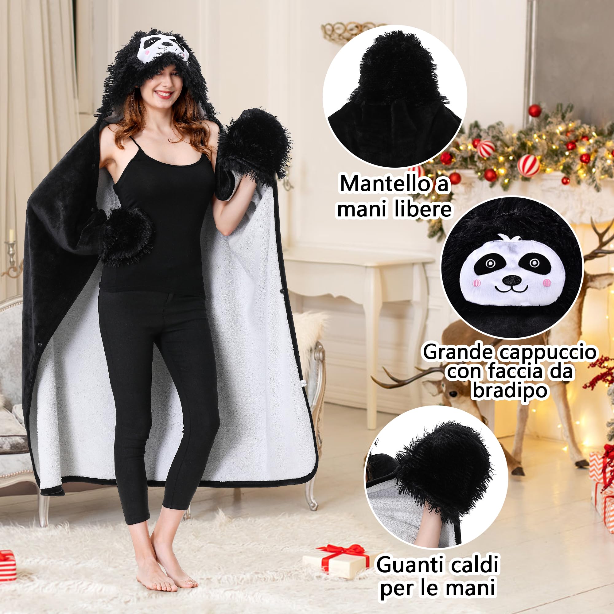 Aragallant Bradipo Coperta Indossabile, Coperta con Maniche eCappuccio Donna, Accogliente Oversize Coperta Flanella Bradipo per Adulti Bambini Natale compleanno Regalo, 150x120cm (Nero)