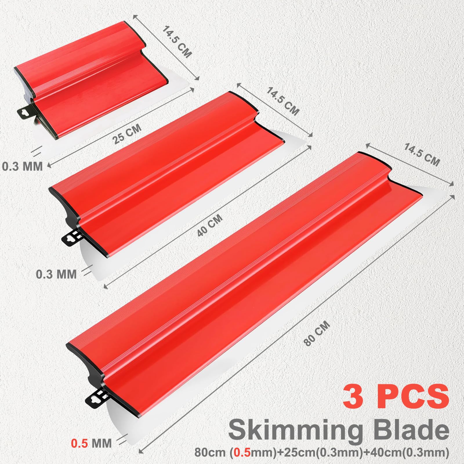 Ensemble Spatules Enduit Acier Inoxydable de 0,5 mm (80 cm), 0,3 mm (40 cm / 25 cm), Lisseuse Enduit Outil de Spatule Avec Manche Ergonomique en Z pour La Décoration Murale et la Construction, Robuste