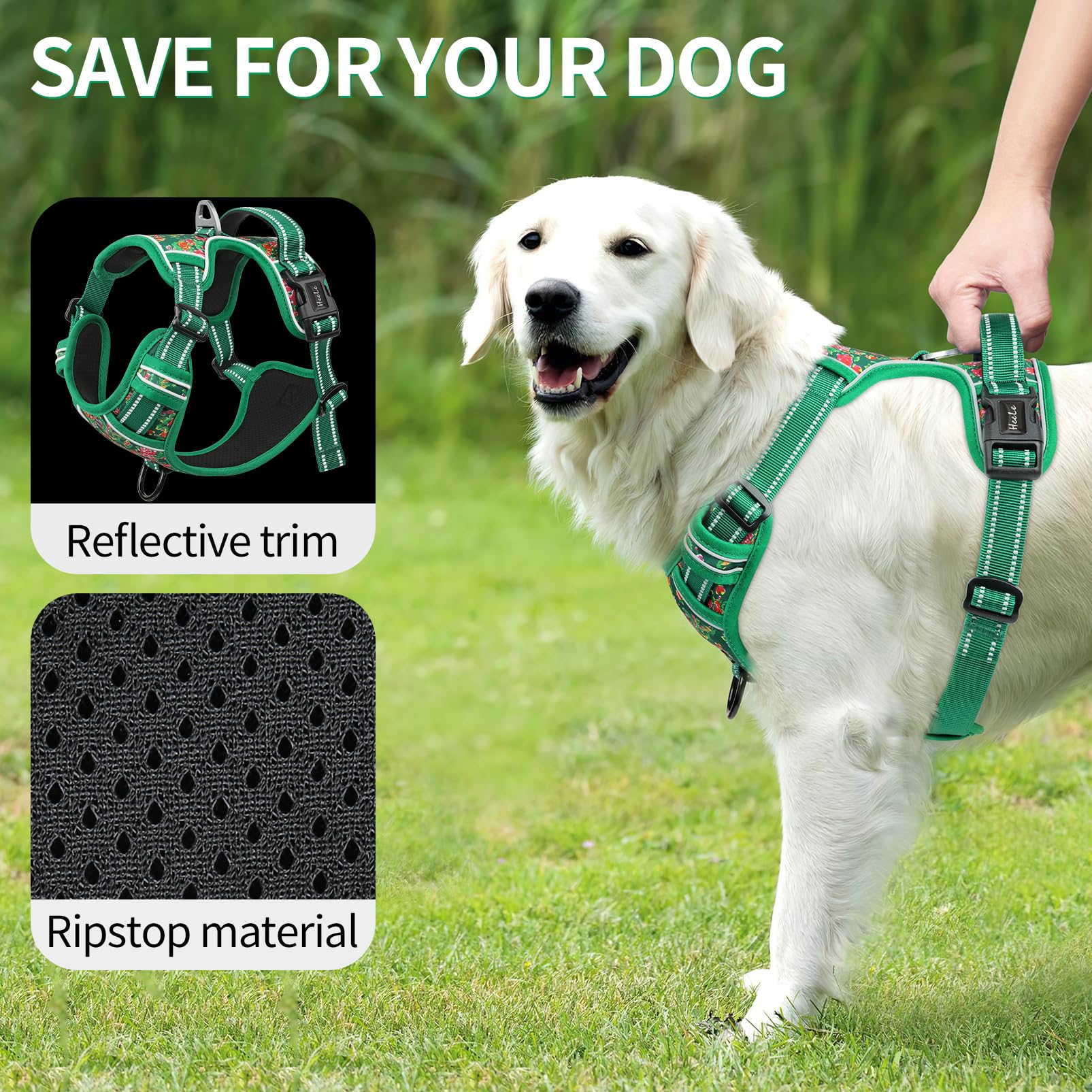 HEELE Pettorina Cane Taglia Grande con Motivo Stampato, Riflettente Pettorina Addestramento Cani Anti Tiro con 2 Ganci in Metallo + Maniglia, Gilet per Cani Regolabile, Fiore-Verde, L