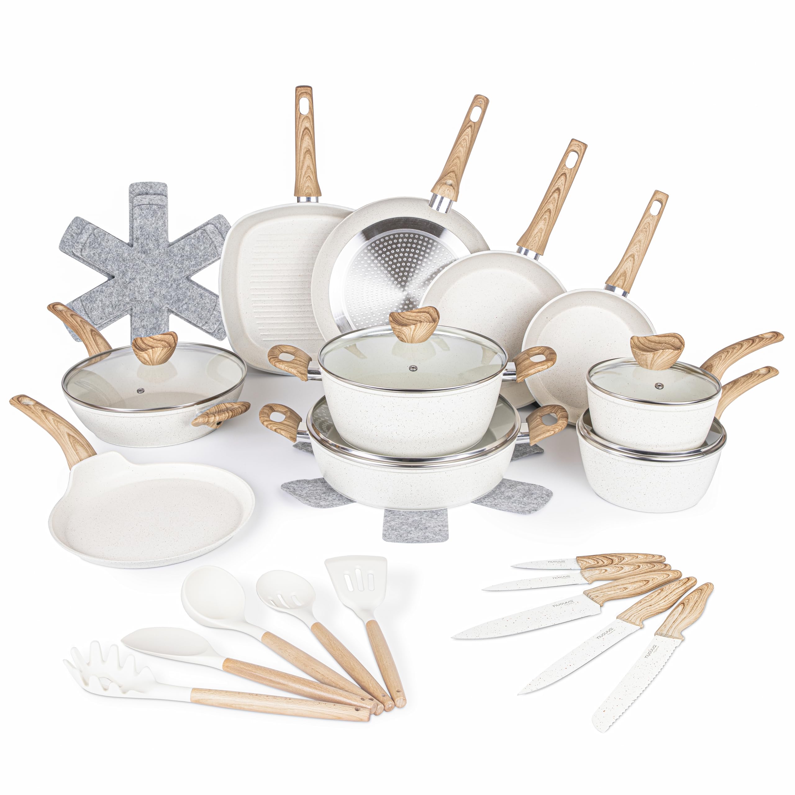 Nuovva Cream Non Stick 35pcs Kitchen Cookware Set – Induction Hob Compatible – Pots, Pans, Saucepans & Frying Pans with Lids – Includes Kitchen Knife Set — image 1