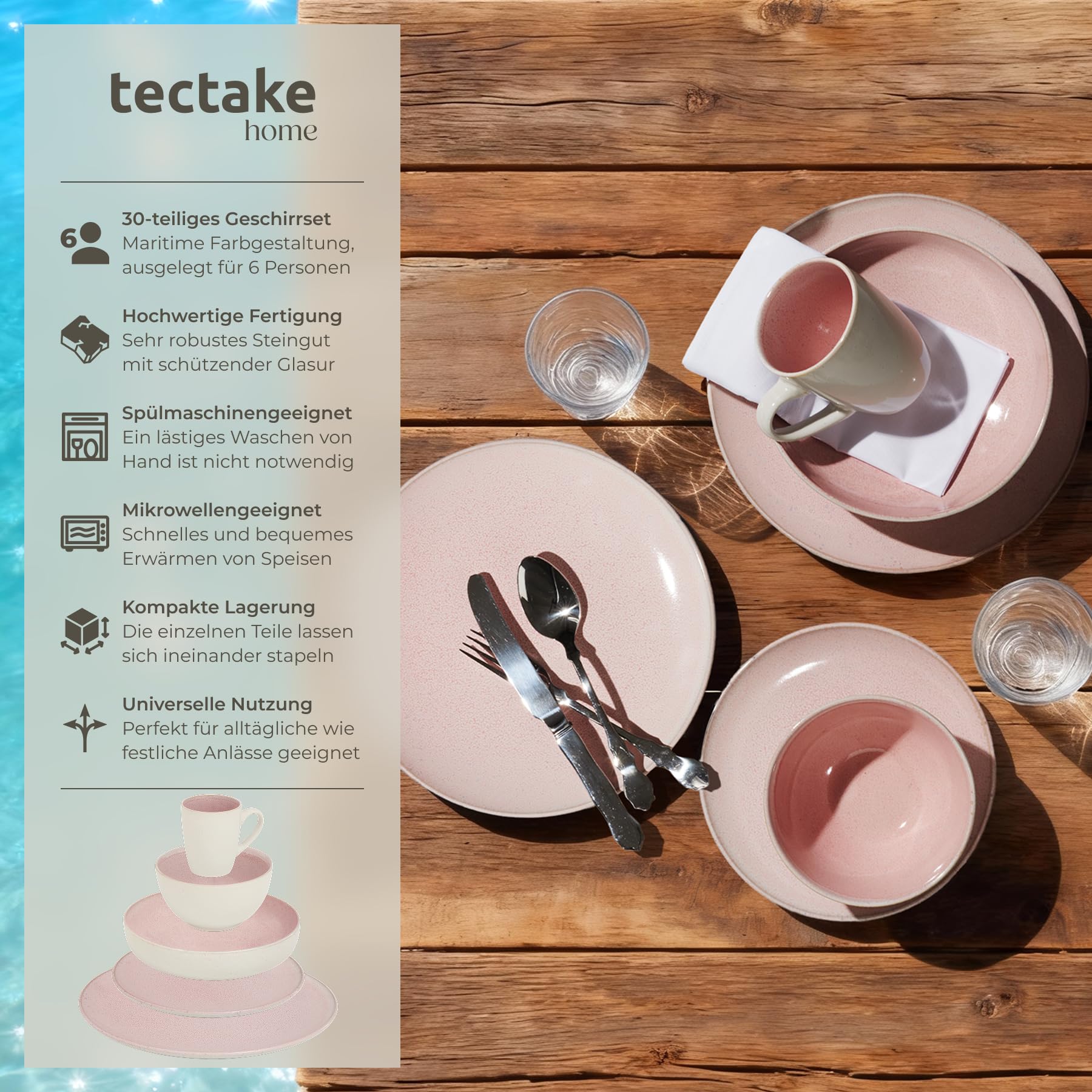 tectake® 30tlg. Kombiservice 6 Personen, Steingut Geschirrset 6 Personen, handgefertigtes Teller Set mit Schüsseln und Tassen, Geschirr Set spülmaschinen- und mikrowellengeeignet - Coral Blush