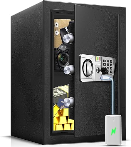 TOTOY Caja de seguridad ignífuga de 2.5 pies cúbicos para documentos del hogar con alimentación externa tipo C, caja de seguridad de acero con