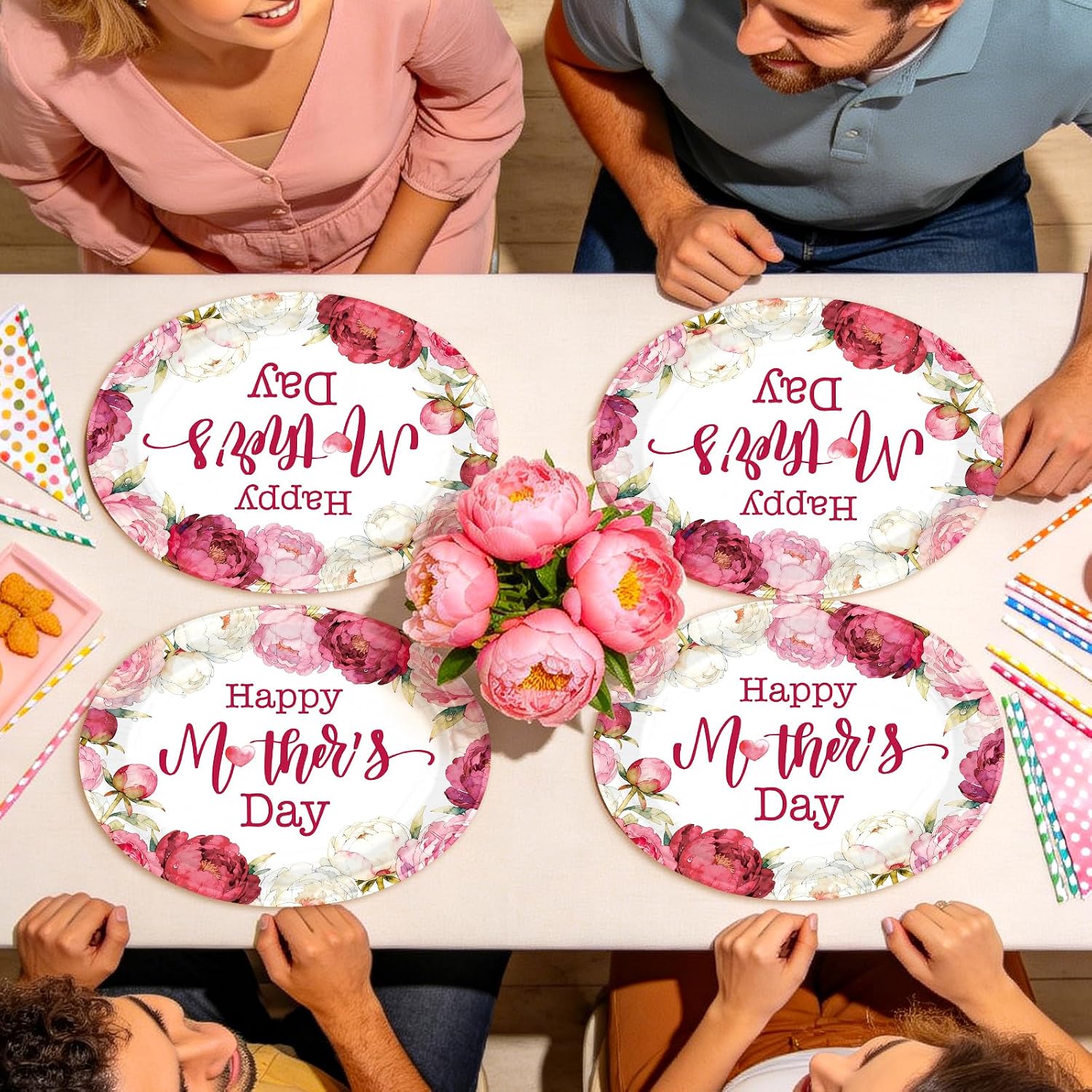 50 Pcs Mother's Day Oval Paper Plates 10" x 12" Large Heavy Duty Disposable Pink Floral Plates Flower Mom Platters for Spring Happy Mothers Day Party Supplies