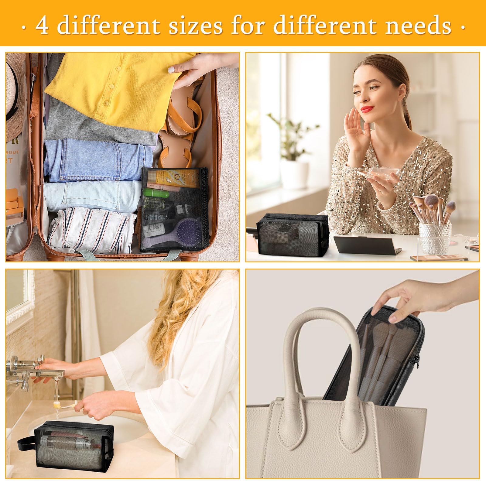 DAMILY Borsa Cosmetica Portatile, Beauty Case Da Viaggio A Rete 4 in 1 Di Diverse Dimensioni, Tasche Con Zip in Nylon, Borsa Da Toilette Viaggio, Adatta Per Casa, Ufficio, Vacanze E Viaggi (Nero)