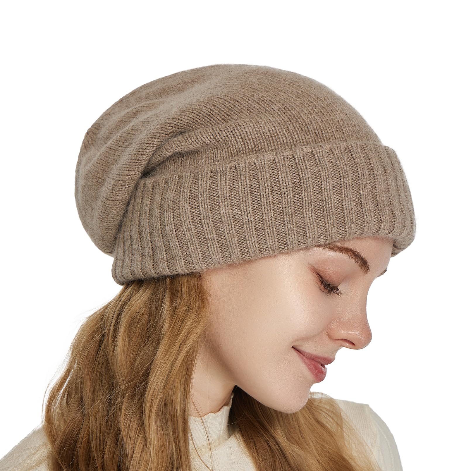Cashmere Blend Satin Lined Beanie Hat Wool Winter Hats for Women Men Cuffed Hat Silk Lining Slouchy Beanie