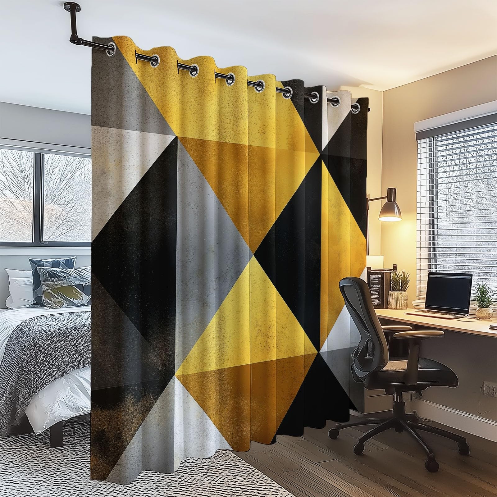 Lot de 2 Rideaux Occultants Thermiques Isolants Anti-Froid à Œillets - Motif en Gris Triangles Jaunes 110L x 215H cm, Abstrait Rideaux Noir Thermiques pour Chambre et Salon