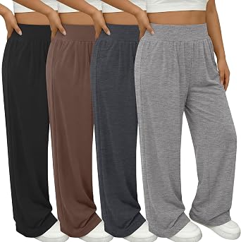 Locoowai 4 Pack Womens Plus Size Yoga Pants Wide Leg High Waist Sweatpants Lightweight Baggy Joggers with Pockets Summer