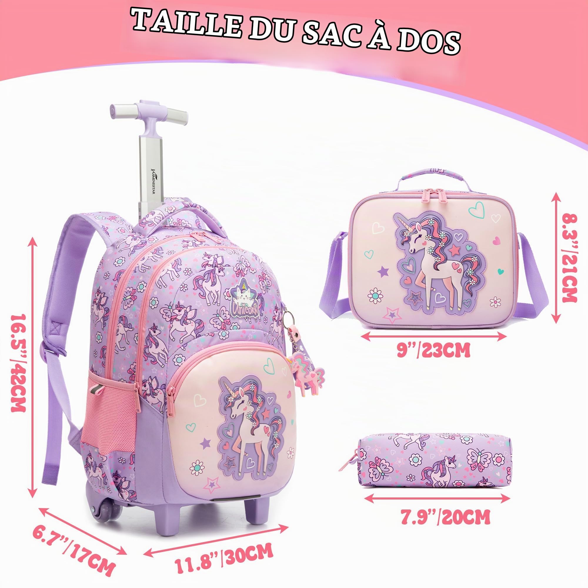 HTgroce Sac à Dos à Roulettes Fille Primaire – Ensemble 3-en-1 avec Sac à Déjeuner & Trousse – Cartable Scolaire Ergonomique (CP CE1 CE2 CM1)