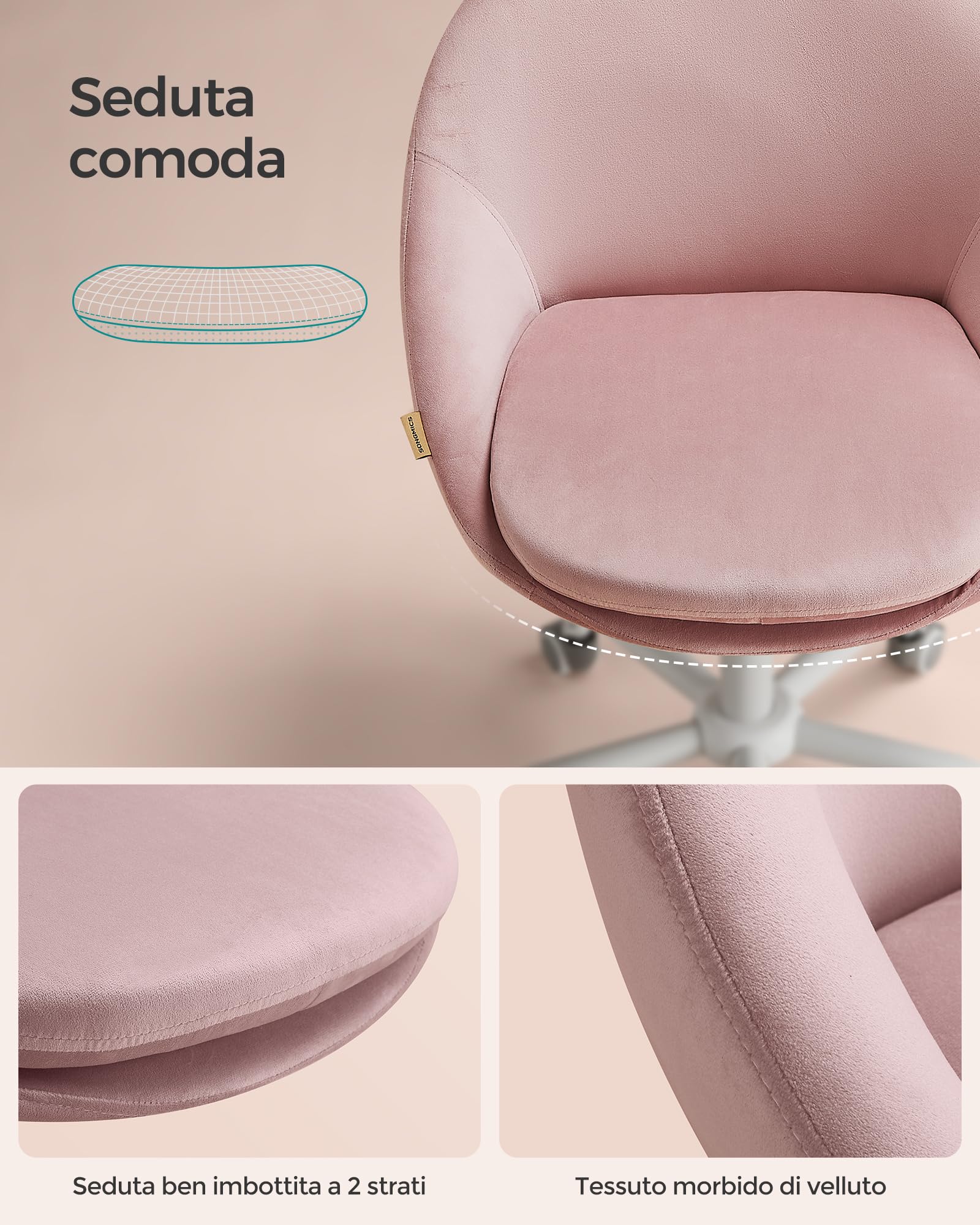 SONGMICS Sedia da Studio, Sedia Girevole di Velluto, Poltrona da Scrivania Imbottita in Gommapiuma Regolabile in Altezza, Studio, Camera da Letto, Rosa Gelatina OBG020R02