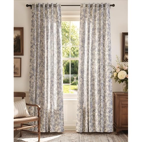 Vangao Floral Linen Curtains Farmhouse 50W x 84L Blue Back Tab 2 Panels