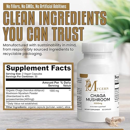 Miniatura 6 de Cápsulas de hongos Chaga, 60 cápsulas veganas, polvo de micelio orgánico estandarizado al 40% de polisacáridos, suplemento de apoyo inmunológico y