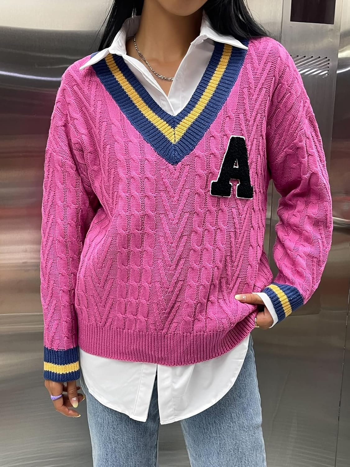 BEDAW Women's Sweater 1pc Letter Patched Striped Trim Cable Knit Drop Shoulder Cricket Sweater Sweater for Women (Color : Hot Pink, Size : Large)