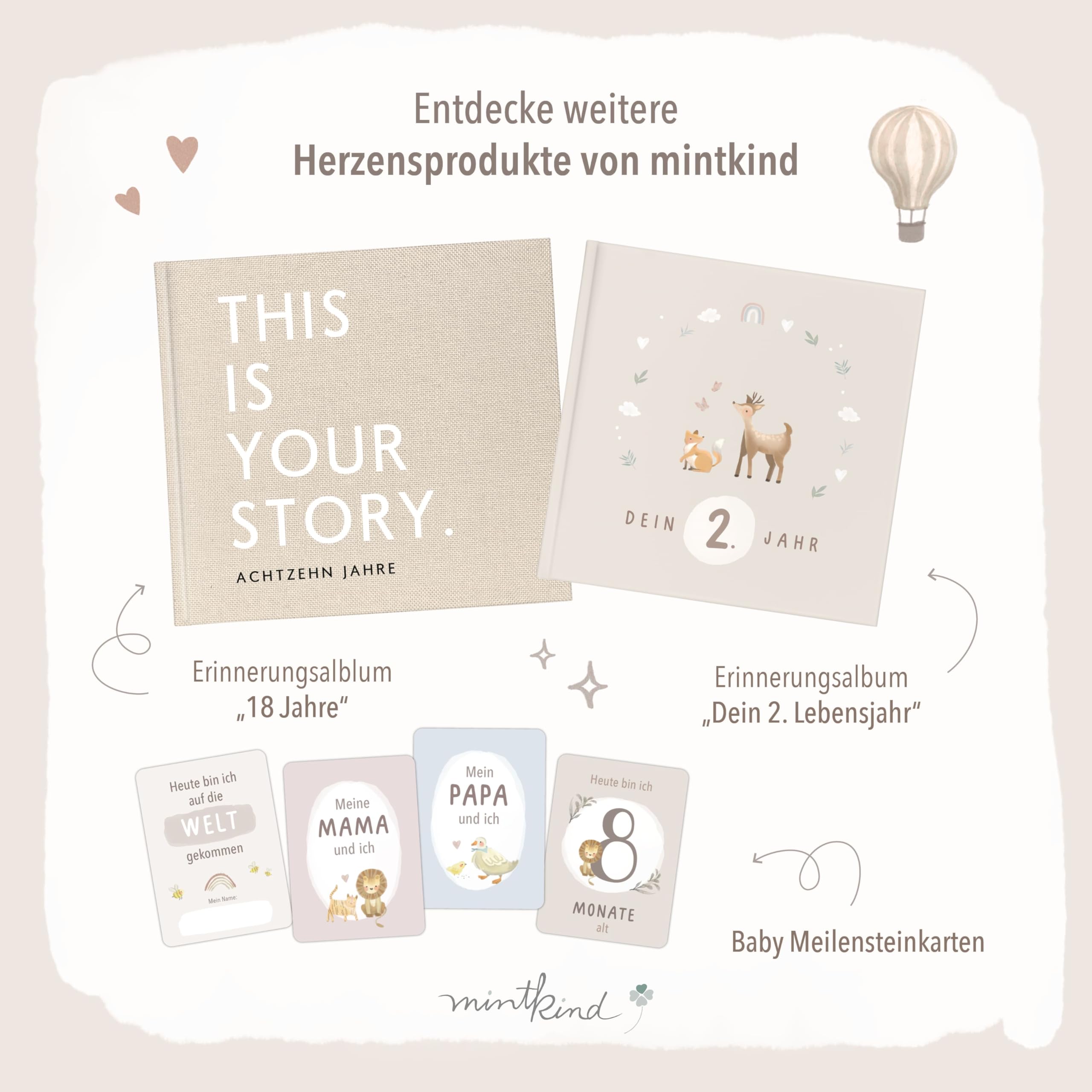 mintkind® Babytagebuch mein erstes Jahr Babyalbum Erinnerungsbuch Baby Coffee Table Edition Leineneinband beige 24x22 cm 132 Seiten Geschenk zur Geburt erstes Lebensjahr mit Platz für Fotos Notizen