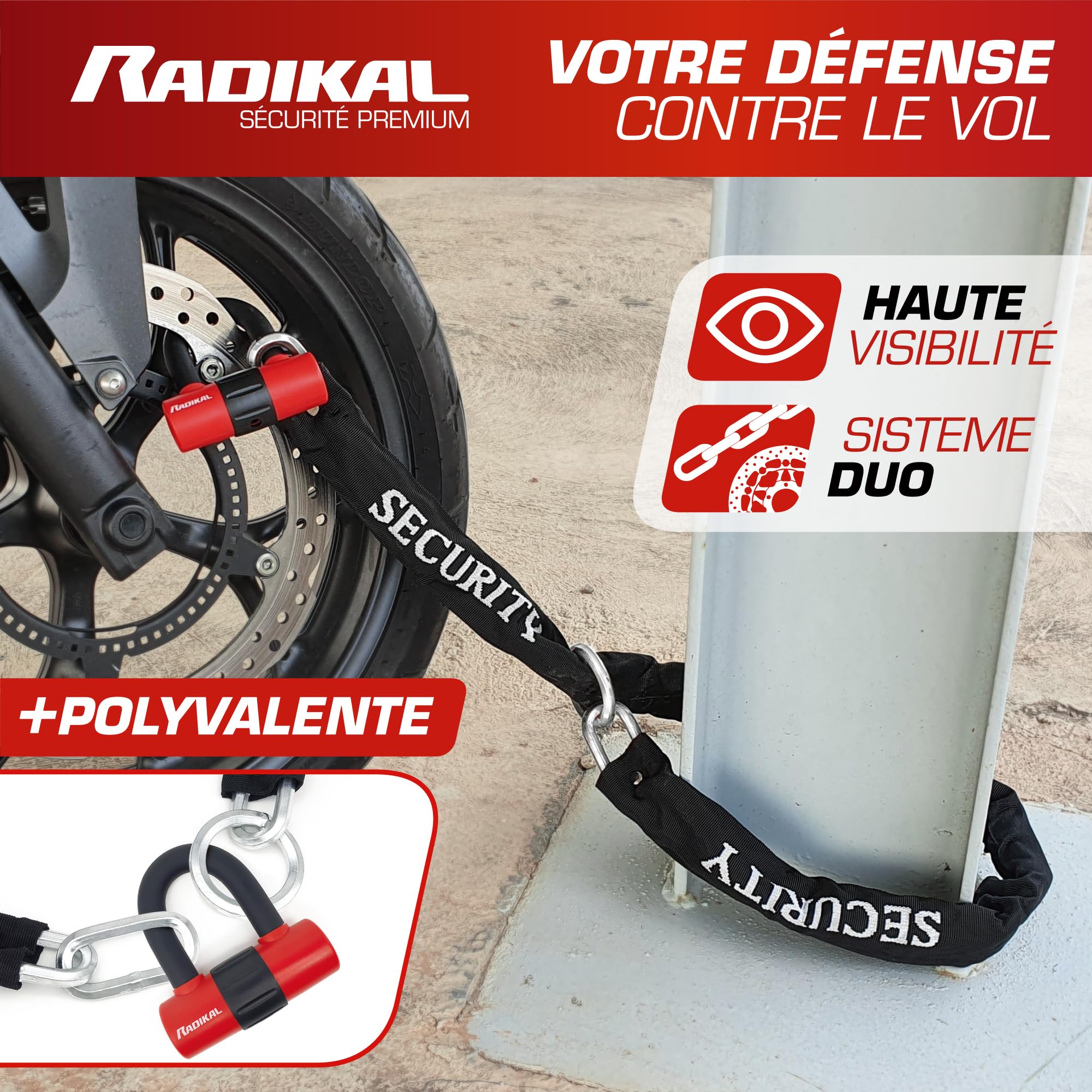 RADIKAL RK72120L Bloque Disque Mini U, Chaîne Moto Antivol, ø10mm 120cm, Boucle, Chaine Antivol Acier Cémenté, Boucle, Ancrage Parking, Verrouillage Sécurité Scooter, Blocage Vélo Électrique