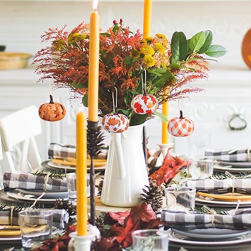 Vista 4 de Wehhbtye 12 adornos colgantes de calabaza de Acción de Gracias, hoja de arce envuelta en tela de calabaza, bola de calabaza de búfalo naranja