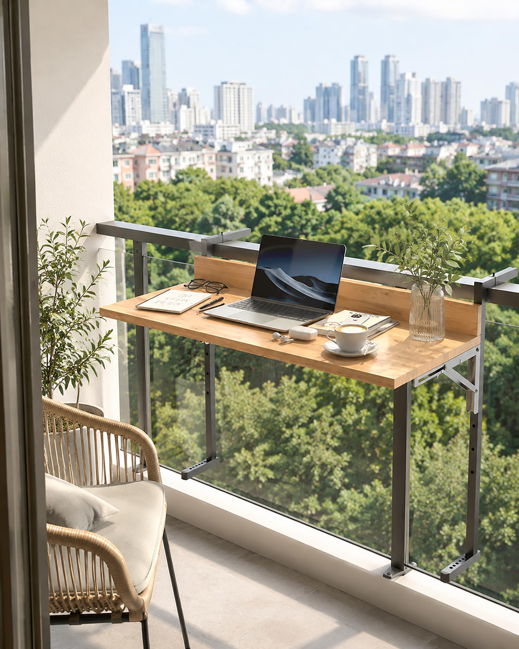 Mesa Colgante Balcón Plegable Madera Maciza - Barra Bar Exterior Barandilla 1-16cm - Jardín Terraza Auxiliar, 5 Alturas