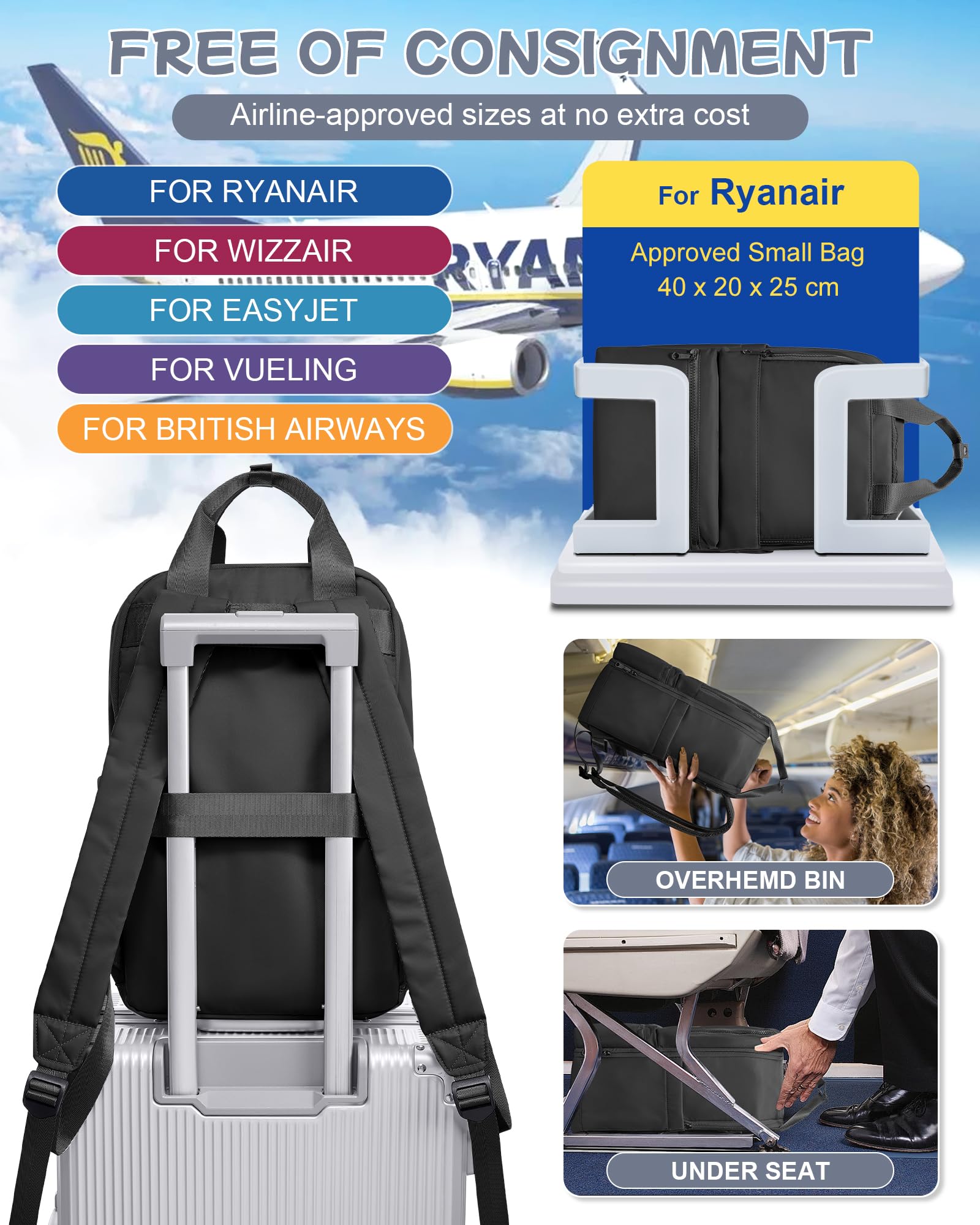 Bergsalz Zaino Nero da Viaggio Donna 40x20x25 Ryanair Bagaglio a Mano Uomo Sportivo Scuola Casual Laptop 14 Pollici
