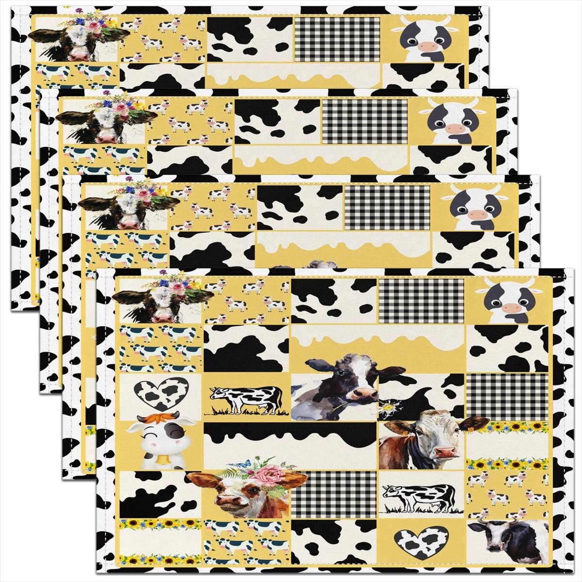 Milk Cow Placemats Set of 4 for Cartoon Cow Placemat for Kitchen Dining Table Indoor Outdoor 45x30cm Farmhouse Animals Table Place Mats, Yellow White