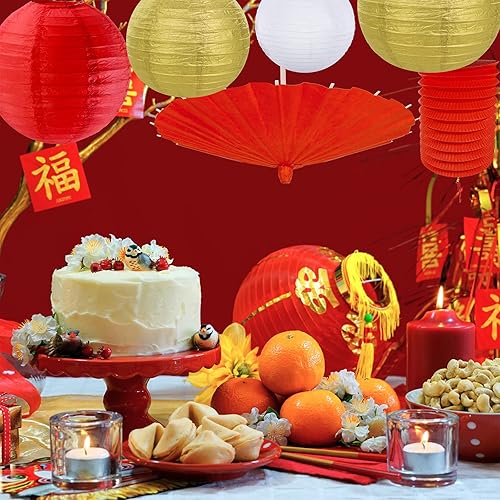 Miniatura 9 de Winlyn 20 linternas de papel redondas decorativas para Año Nuevo chino, rojo, dorado, blanco, farolillos de papel colgantes para fiesta, chinos,