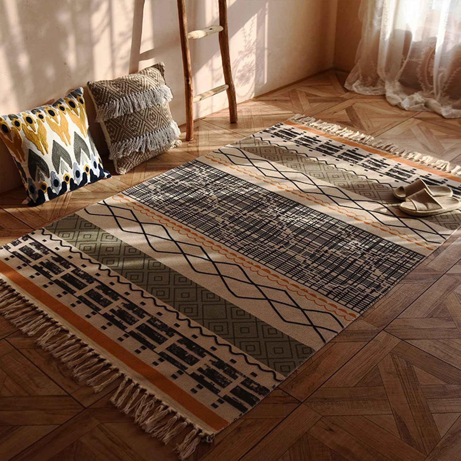 Tapis pampilles marocain en coton tissé main rayures bleues