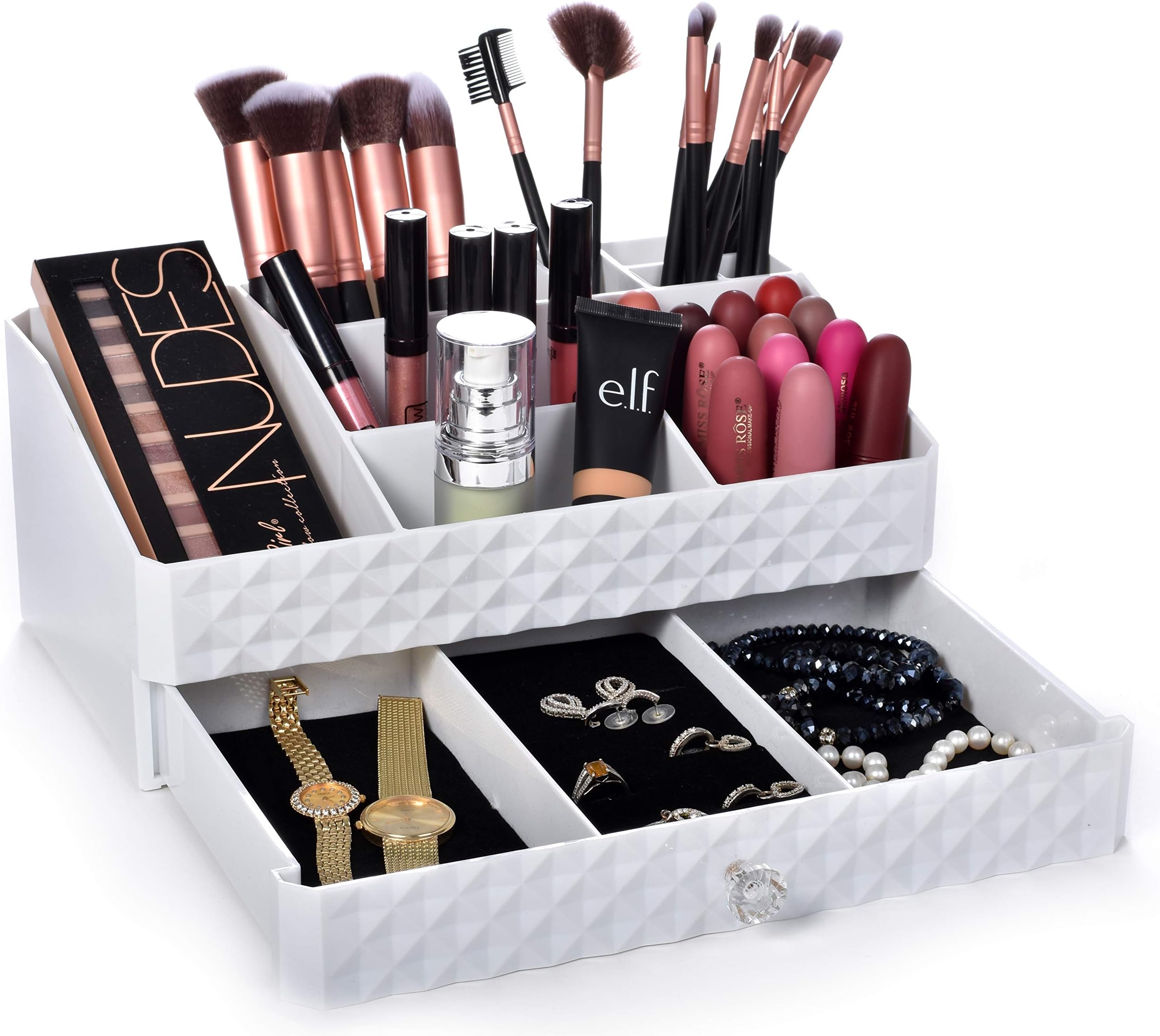 Masirs Cosmetic Storage Box Organizer - Compartments to Organize and Store your Makeup and Accessories. Drawer with Padding to Protect Jewelry. Will Sit Neatly on Vanity or Bathroom Countertop.