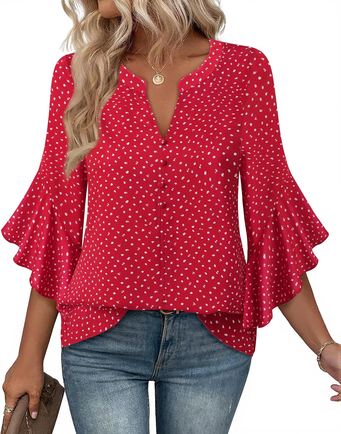 Bebonnie Womens Tops Dressy Casual Ruffle 3/4 Sleeve Henley V Neck Chiffon Blouses with Buttons