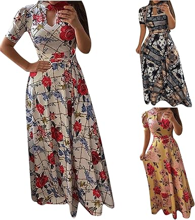 Amazon.com: Vestidos largos de verano para mujer, manga corta, cuello  redondo, sueltos, casuales, largos, acampanados, floral, vestido de  vacaciones : Ropa, Zapatos y Joyería