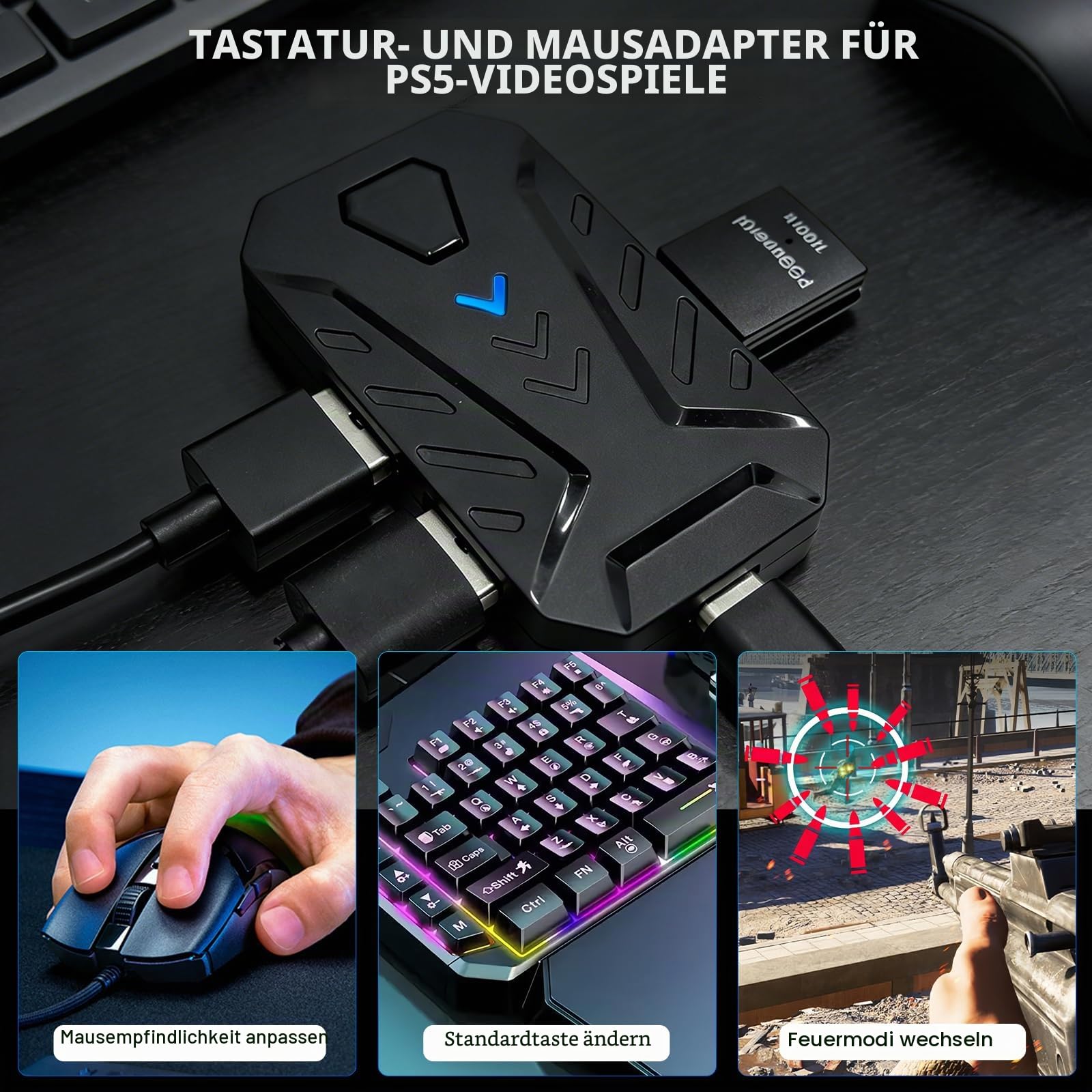 Tastatur und Maus Adapter für PS5/PS5 Slim/PS5 Pro mit P5 General Adapter, 1000Hz Ultra-Low Lag Console Converter für PlayStation 5, Plug-and-Play, Support Custom Mapping, Mouse Sensitivity Adjustment