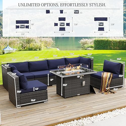 Miniatura 6 de BULEXYARD Juego de muebles de patio de 7 piezas con respaldo alto para exteriores, con fogata, sofá modular de mimbre resistente para todo tipo de