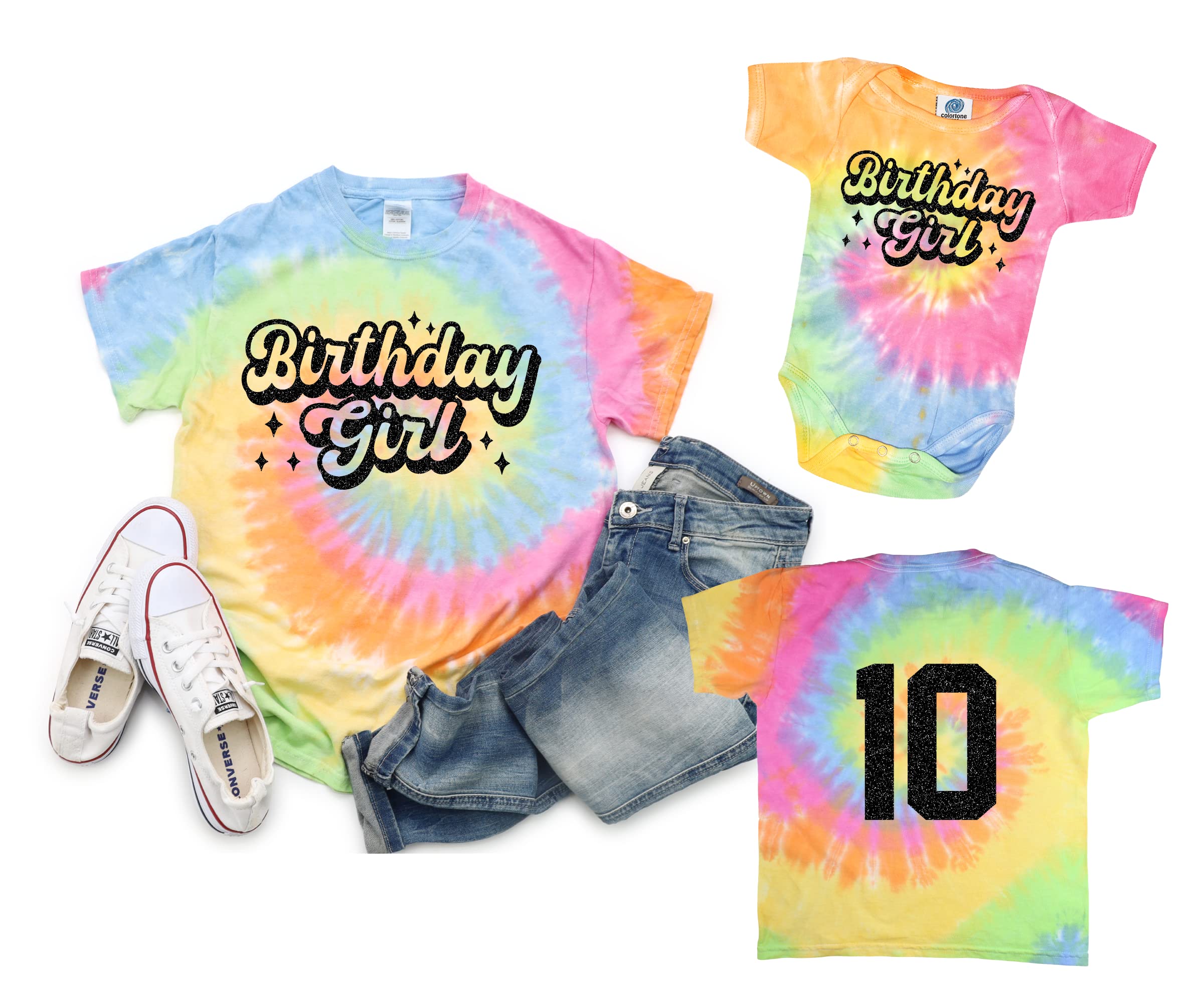 Two DreamsRetro Birthday Girl Tie Dye T-Shirt Pastel Age on Back Matching Family Mom Sister Dad Grandma Vintage Groovy (Youth Small (6-8), Custom Age (note at checkout), Neon Rainbow)