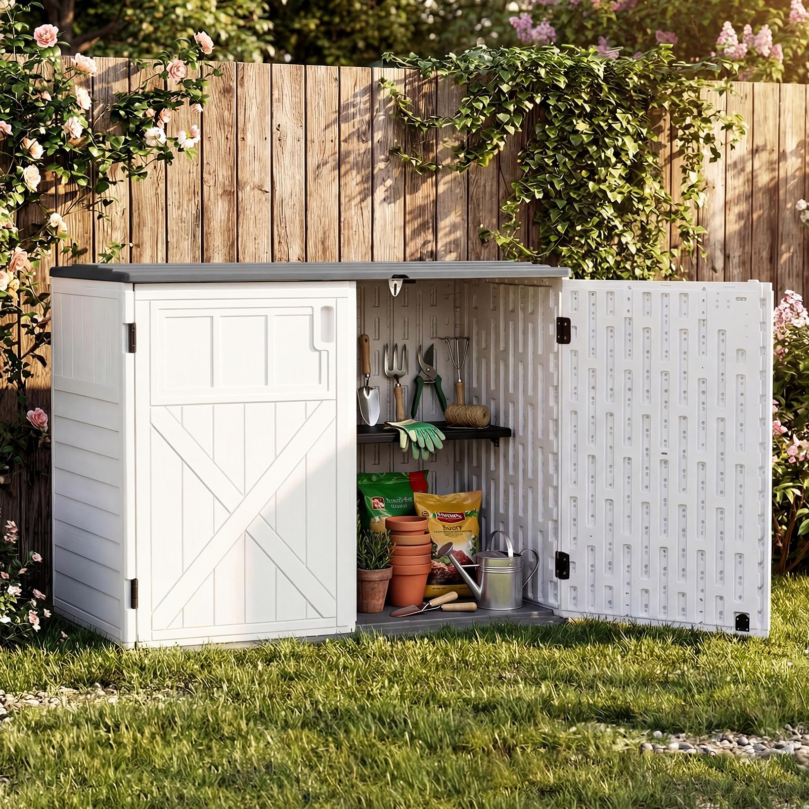 COSTWAY Gartenschrank wetterfest, Geräteschrank mit verstellbarem Regal, abschließbarem Deckel & Türen, Terrassenschrank aus HDPE, Outdoor Aufbewahrungsschrank, 118 x 63 x 94 cm
